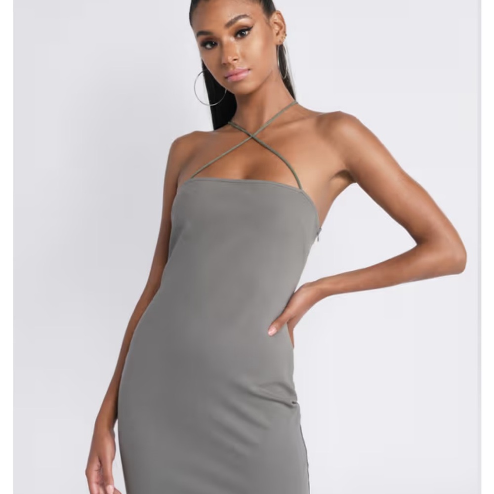 NWT TOBI CROSS IT OFF CROSS HALTER BODYCON MINI DRESS - GRAY